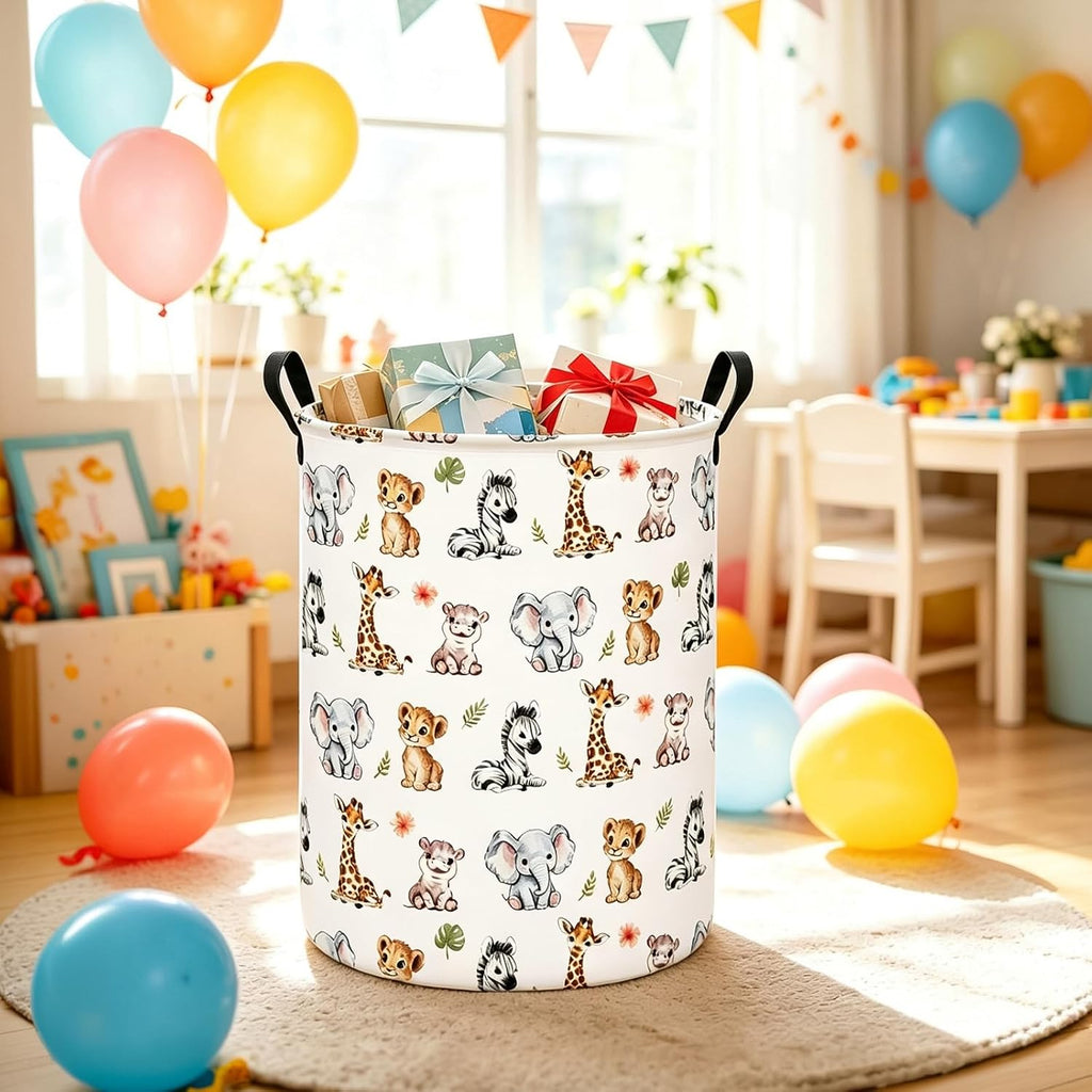 Round Collapsible Laundry Hamper with Handles, Jungle Animal Print