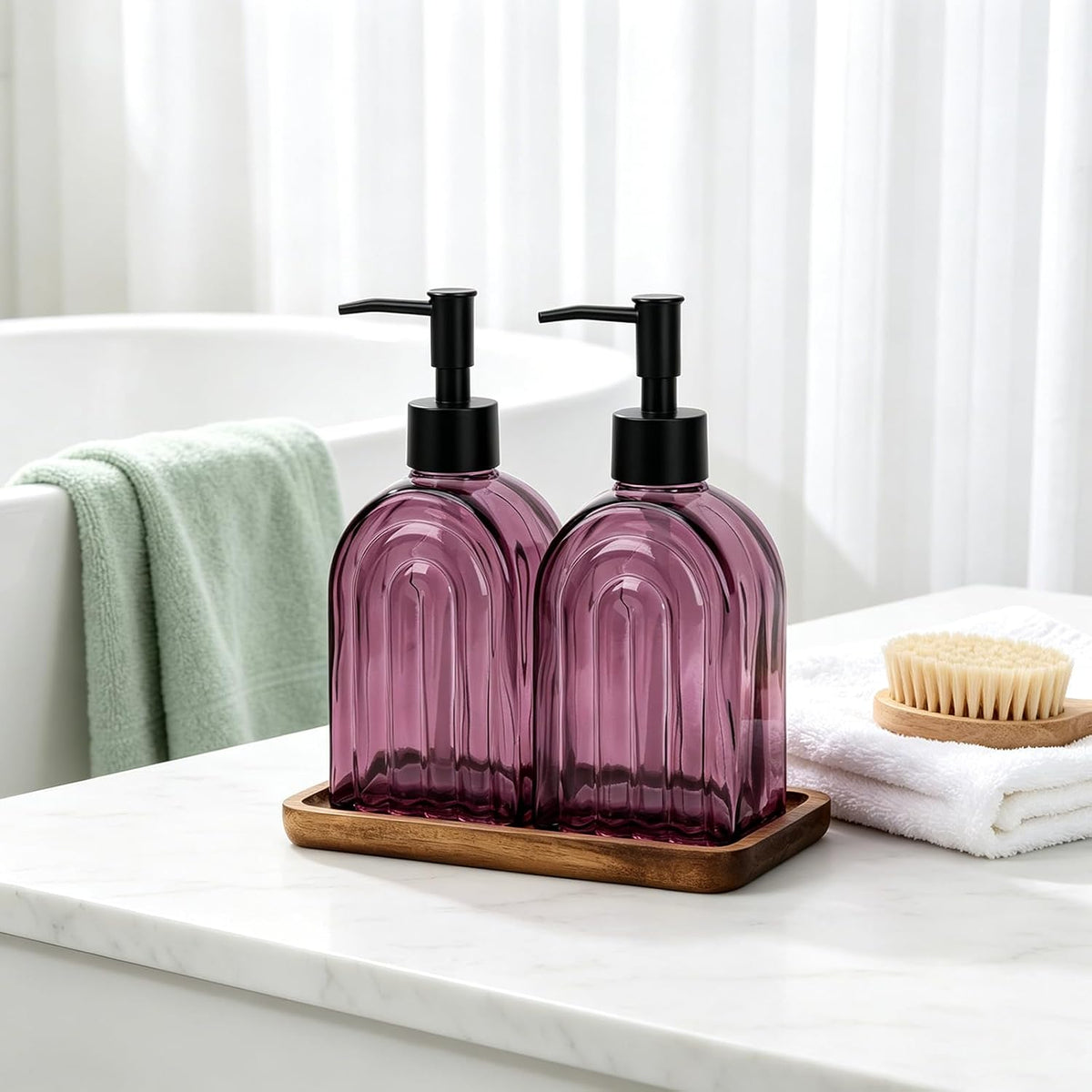 Glass Soap Dispenser Set with Wooden Tray, 13.5Oz Refillable Liquid Modern Soap Dispenser with Plastic Pump for Hand and Dish Set for Bathroom Countertop Decor (Purple)