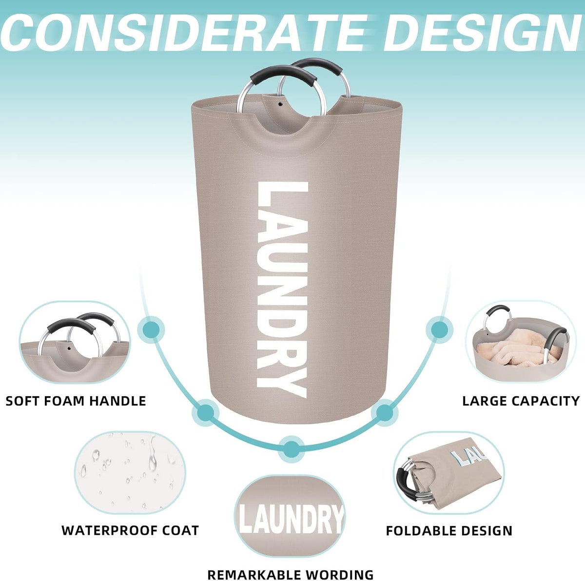 115L Large Laundry Basket, Dirty Clothes Waterproof Laundry Hamper, Khaki