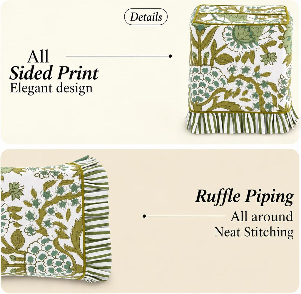 CPC 100% Cotton Ruffle Block Print Tissue Box Cover, Agate Green