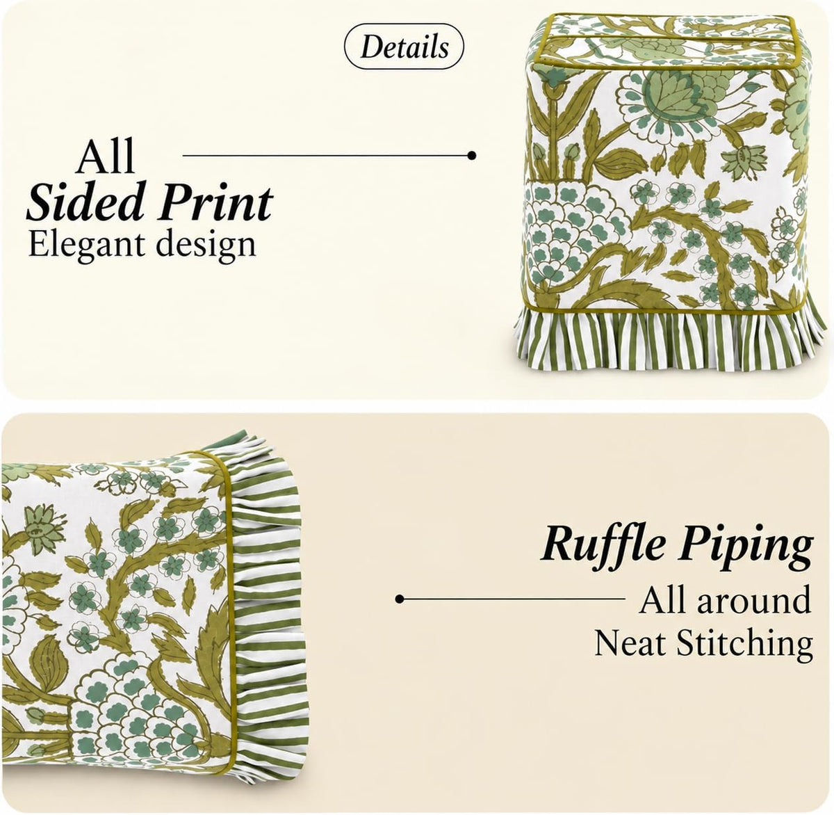 CPC 100% Cotton Ruffle Block Print Tissue Box Cover, Agate Green