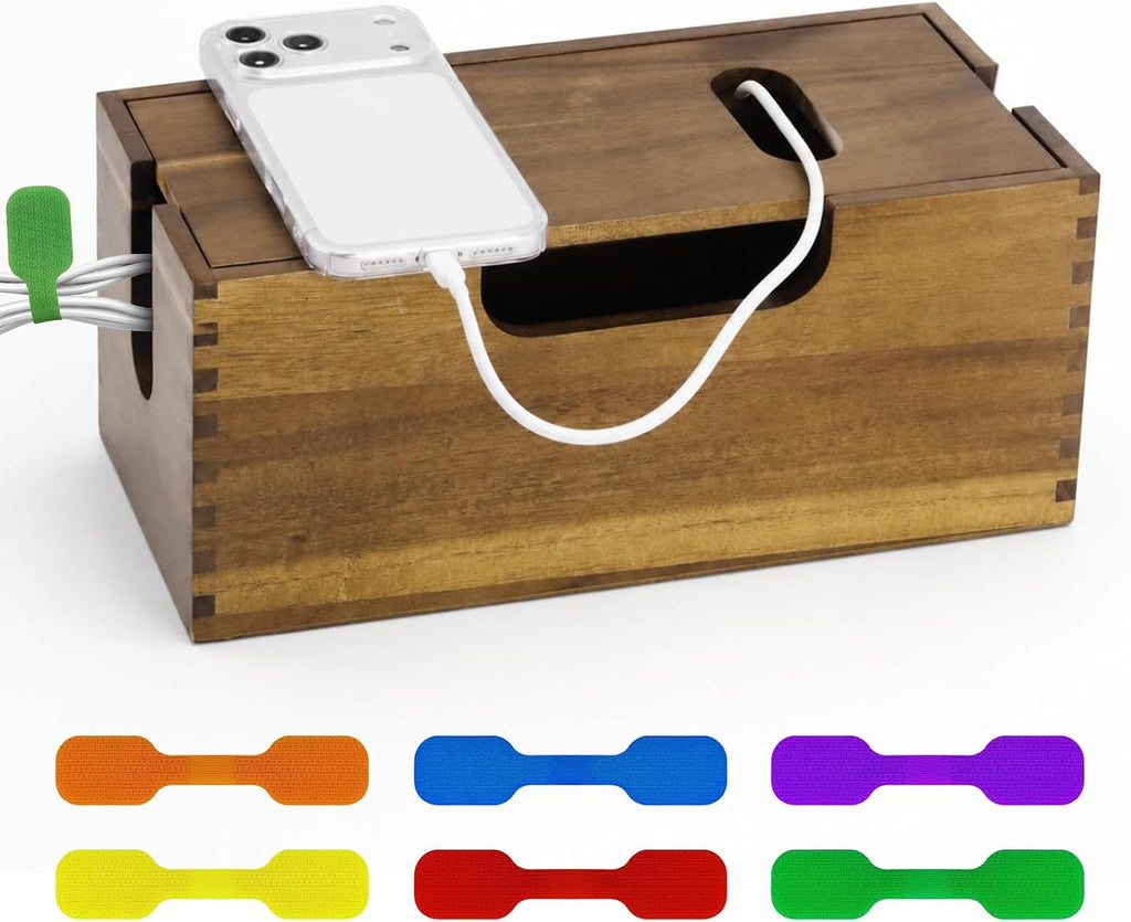 Wood Cable Management Box, Cord Hider Organizer for Power Strip