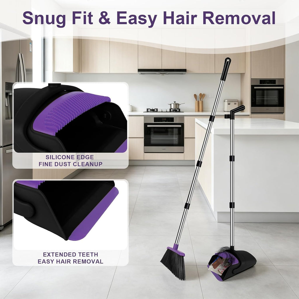 Broom and Dustpan Set, 51" Long Handle Broom with Built-in Comb - Purple
