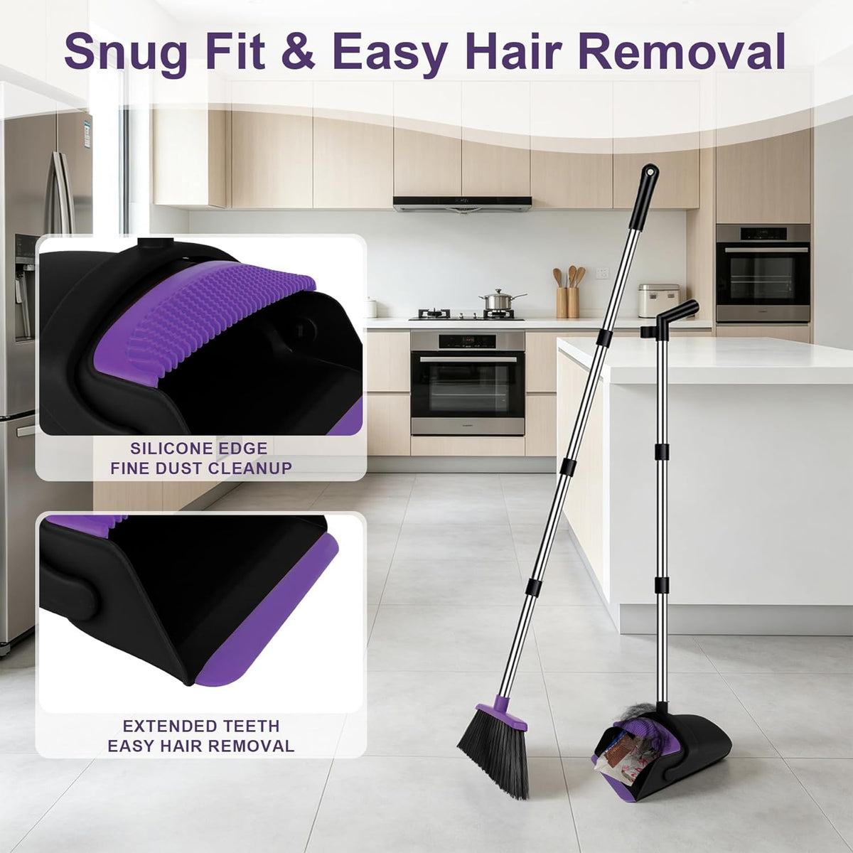 Broom and Dustpan Set, 51" Long Handle Broom with Built-in Comb - Purple