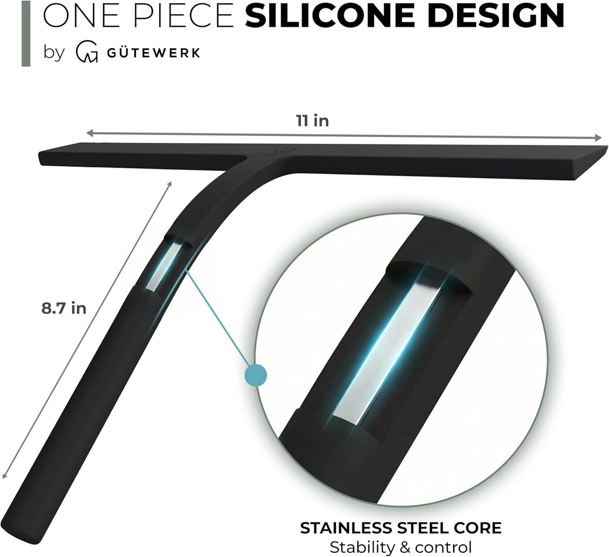 GÜTEWERK Silicone Shower Squeegee with 3-in-1 No-Drill Mount, Black, 11''