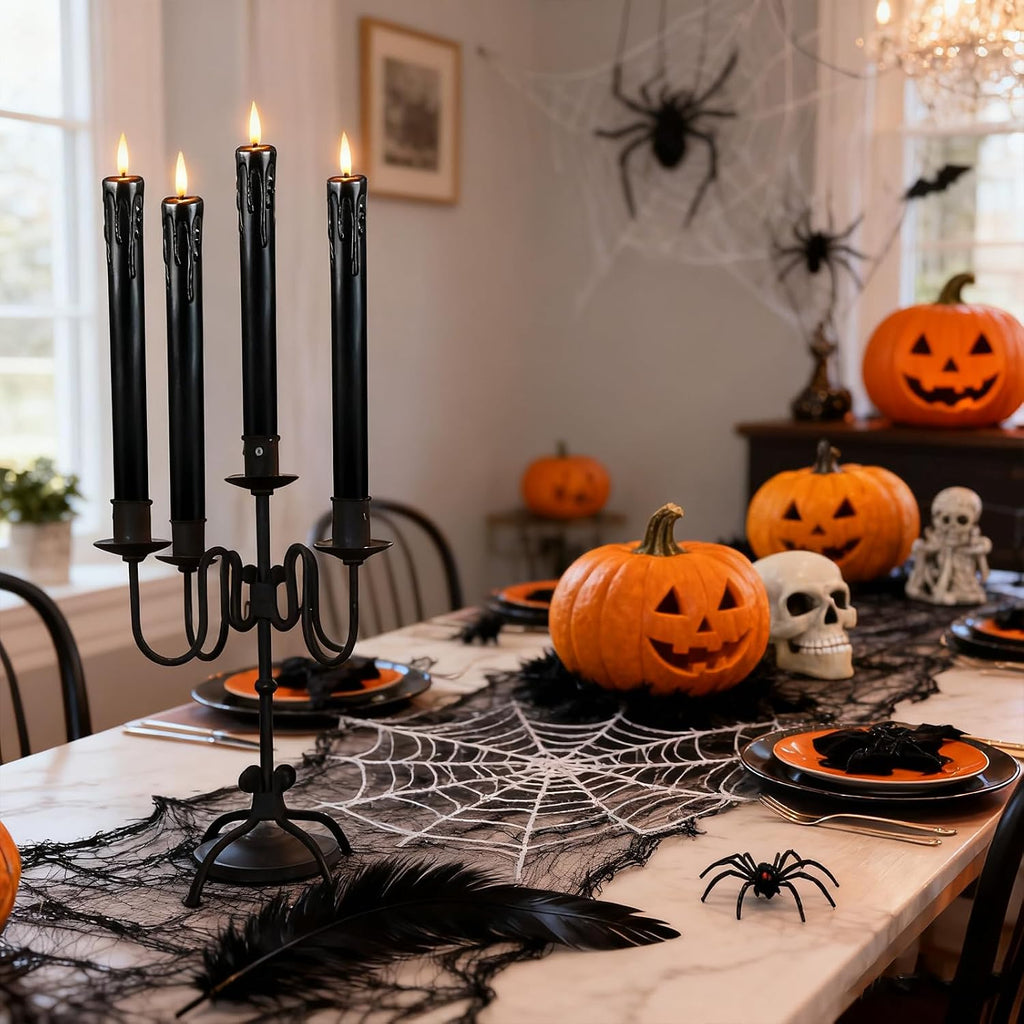 Black Flameless Taper Candles, Halloween Indoor Party Decorations, Real Wax