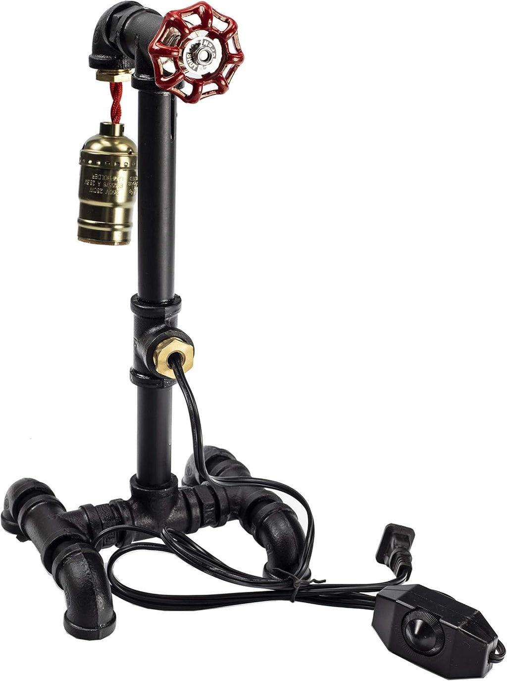 Loft Style Lamp with Dimmer, Dimmable Steampunk Industrial Vintage Antique Style Light, Iron Piping Aged Rustic Metal Desk Lamp, Y-Nut "Fisherman" (Dark Black) QTF-TB01-BBLK
