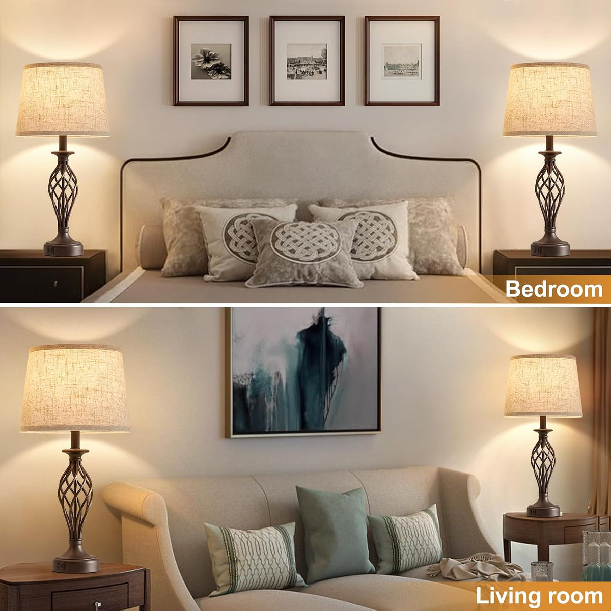 Table Lamp for Bedroom Set of 2 with USB C+A Ports,Modern Night Stand Lamp
