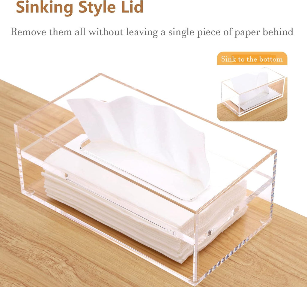 SANRUI Clear Acrylic Facial Tissue Box Cover Holder with 8mm Top Lid Rectangle Napkin Dispenser Organizer for Bathroom, Kitchen and Office Desk