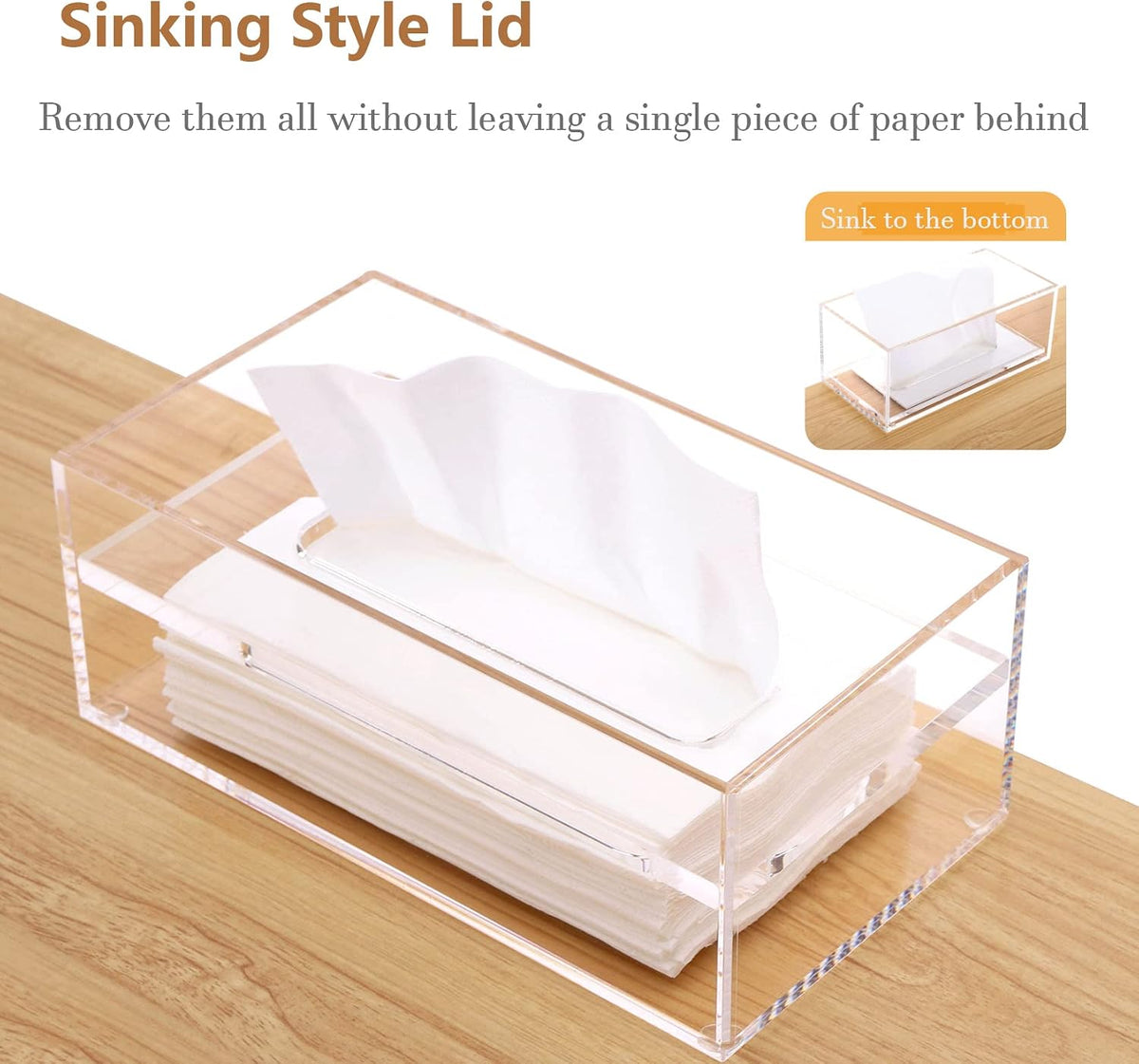 SANRUI Clear Acrylic Facial Tissue Box Cover Holder with 8mm Top Lid Rectangle Napkin Dispenser Organizer for Bathroom, Kitchen and Office Desk