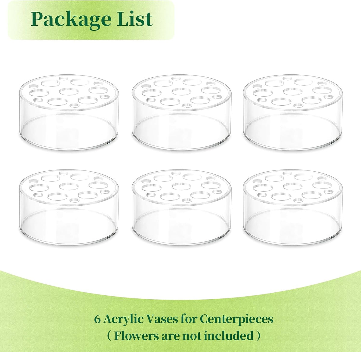 Hewory Acrylic Flower Vases for Centerpieces Round 6pcs Short Clear Floral Vase with 13 Holes, Box Arranger Bulk Low Base Holder for Wedding Birthday Party Event Dining Table Decor, 2.56"(H)×5.9"(D)