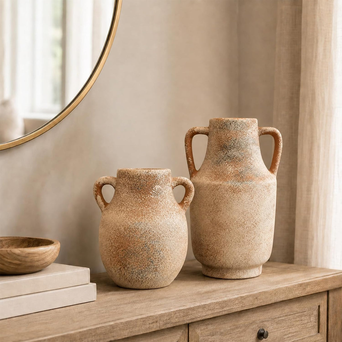 Deep Dream Ceramic Flower Vase with Handles, 8 Inch Small Ceramic Vase, Decorative Terracotta Vases, Farmhouse Rustic Pottery Vases for Home Decor, Shelf, Entryway, Living Room, Bedroom (Terracotta)