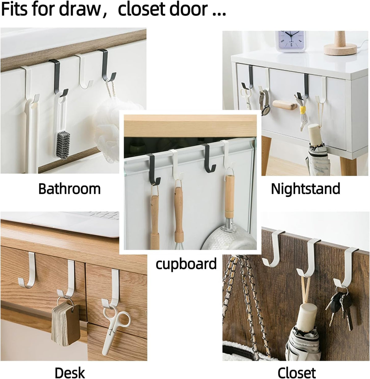 Over Cabinet Door Hooks, 12 Pack White Heavy Duty Metal J-Hooks for Kitchen, Bathroom, Laundry Room, Cabinet Hooks for Hanging, Hold Up to 7 lbs, Space-Saving Organizer