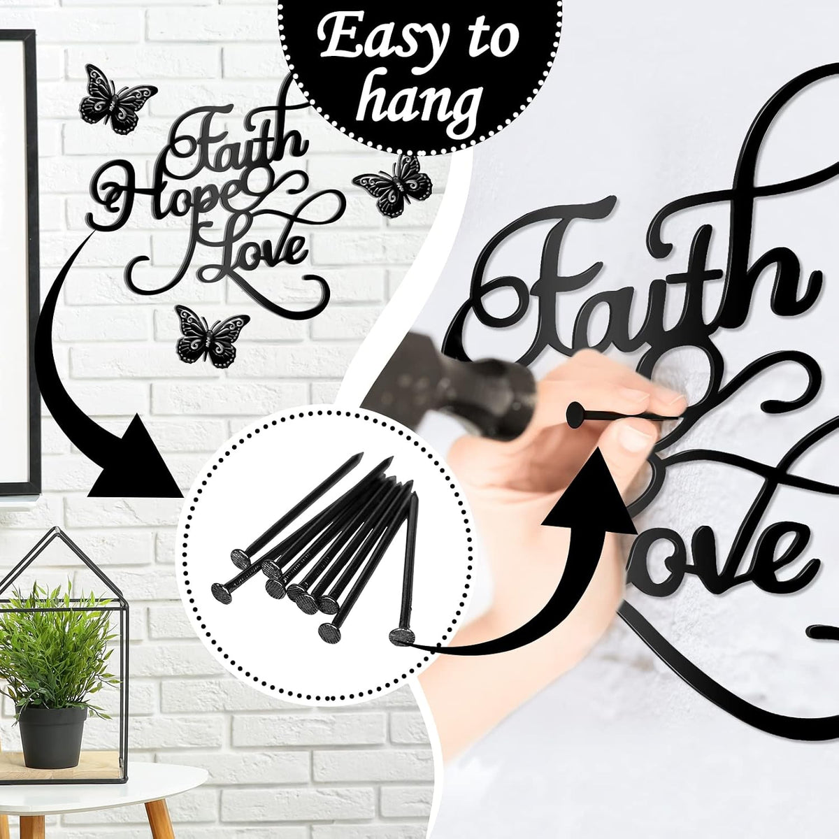 Moxweyeni 4 Pcs Faith Hope Love Metal Wall Decor with Butterfly Wall Signs