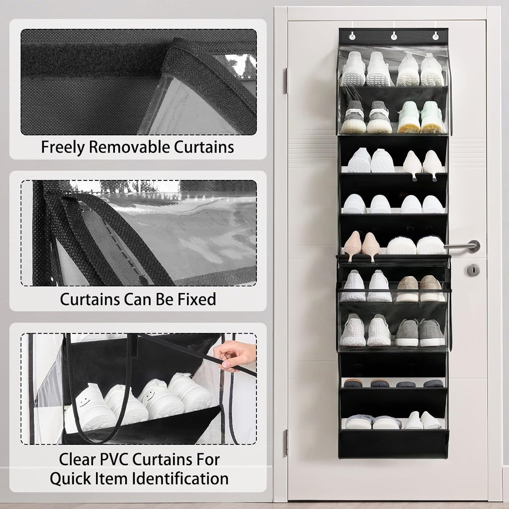 WERNNSAI Over the Door Shoe Organizer with Clear Curtain Dustproof, 9-Shelf Shoe Rack, Deep Pockets Large Hanging Shoes Rack for Closet Door Dorm Bedroom Guest Room Black