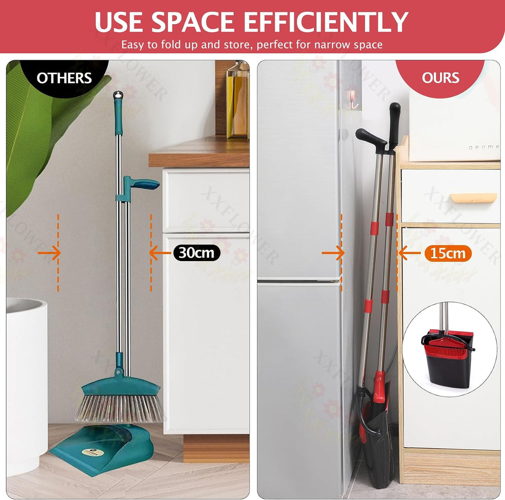 Broom and Dustpan Set,54.72"Long Handle,Standing Dustpan,Black&Red