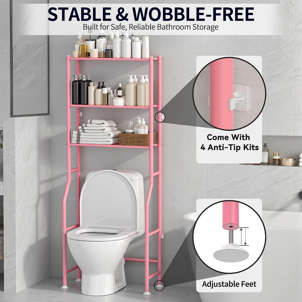 3-Tier Over Toilet Storage Cabinet, No Drilling, 64" H, Pink