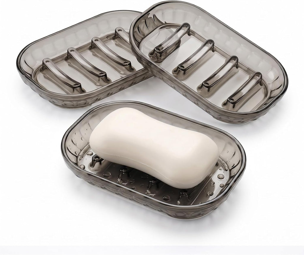 Smoky Gray Clear Soap Dish 3 Pack, Self Draining Bar Soap Holder with Raised Ridges, Modern Transparent Soap Tray for Bathroom Shower, Kitchen Sink, Bathtub, Quick Dry Soap Saver for Shower