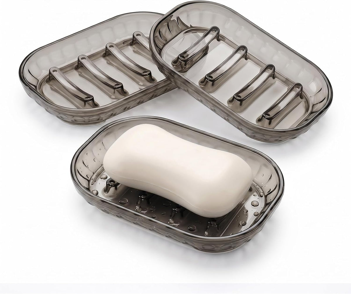 Smoky Gray Clear Soap Dish 3 Pack, Self Draining Bar Soap Holder with Raised Ridges, Modern Transparent Soap Tray for Bathroom Shower, Kitchen Sink, Bathtub, Quick Dry Soap Saver for Shower