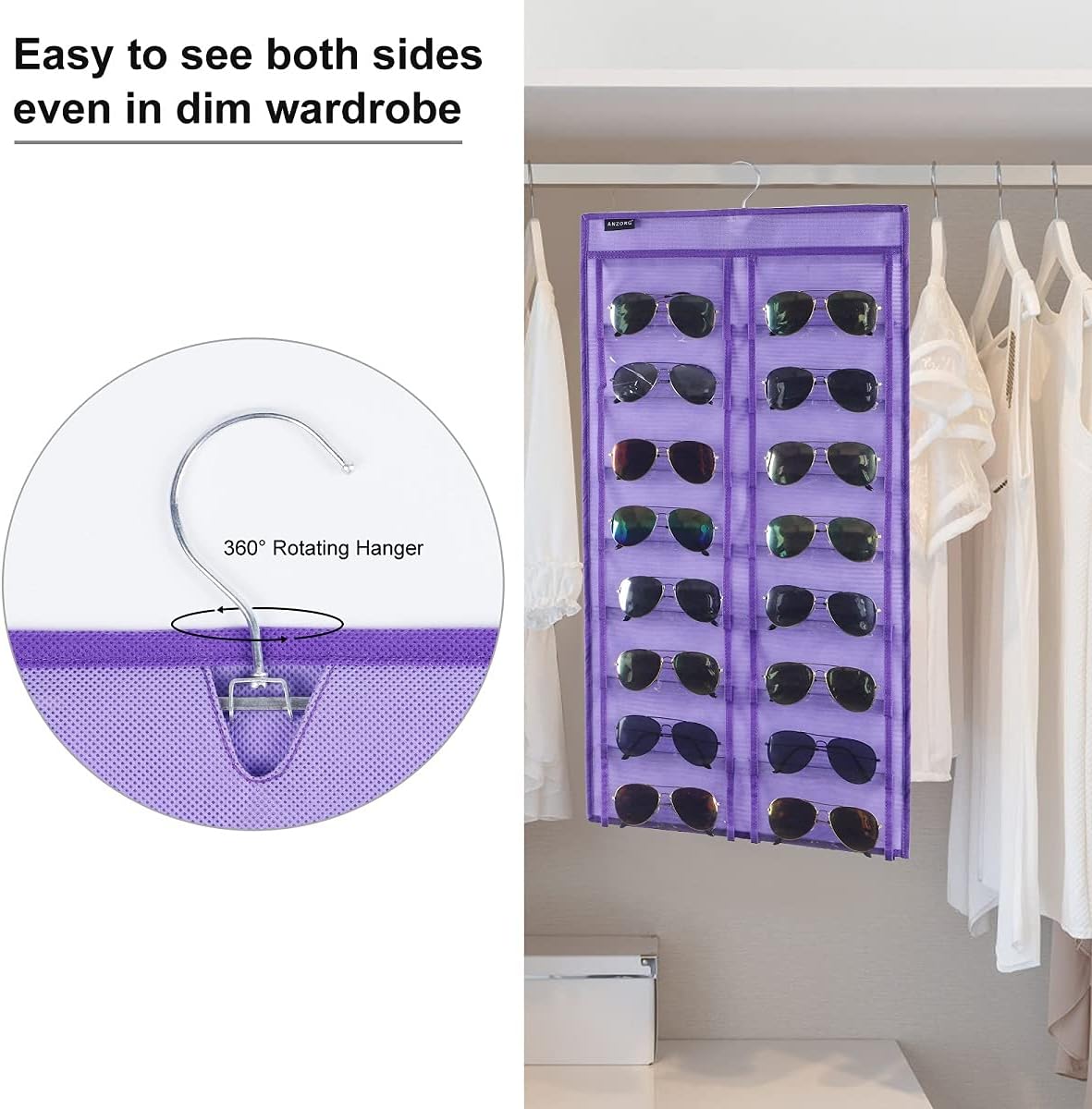 Dual Sided Hanging Sunglasses Organizer Wall Eyeglass Holder Sunglass Rack for Home with 32 Dust Proof Pockets (32 Pockets-Purple)