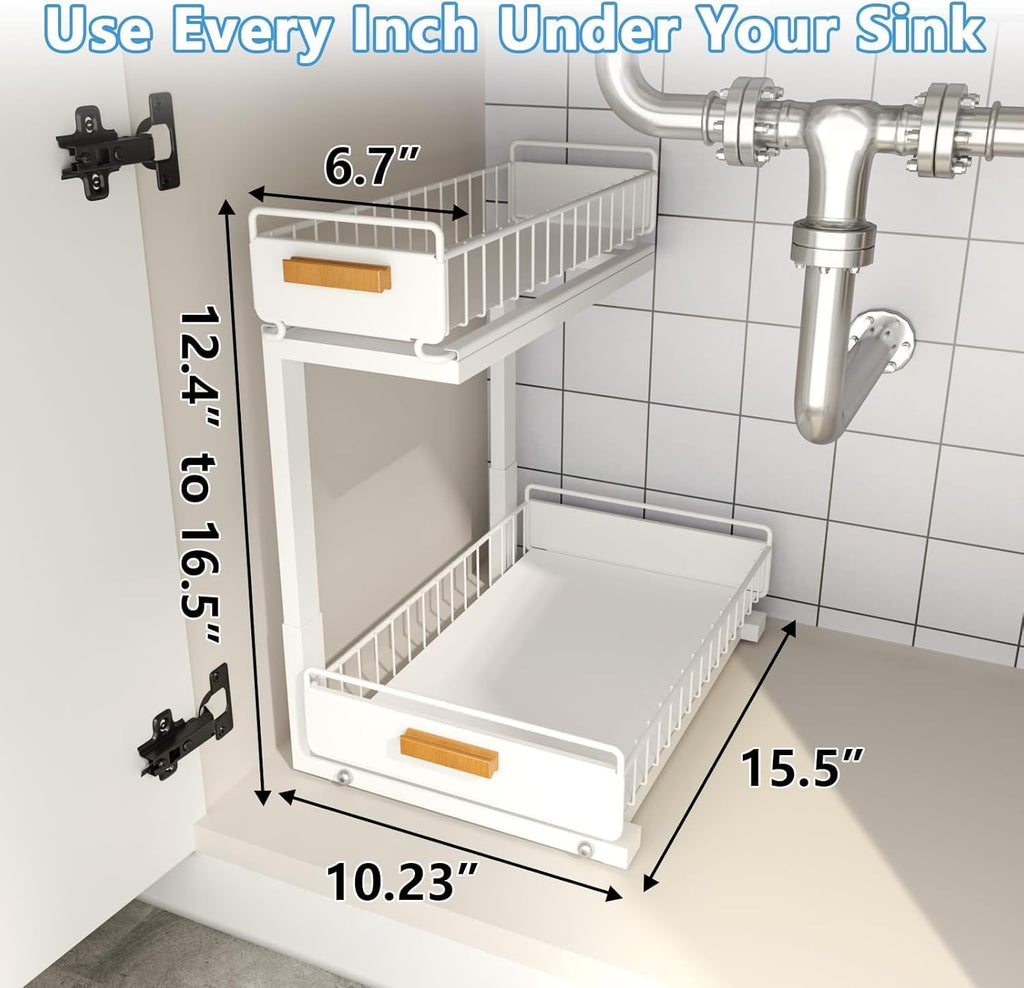 Under Sink Organizer Kitchen - Upgraded Professional Rails, 2 Tier Dual Pull Out Cabinet Storage, Height Adjustable Under Sink Storage, Metal Sliding Drawer for Kitchen & Bathroom, White, 1 Pack