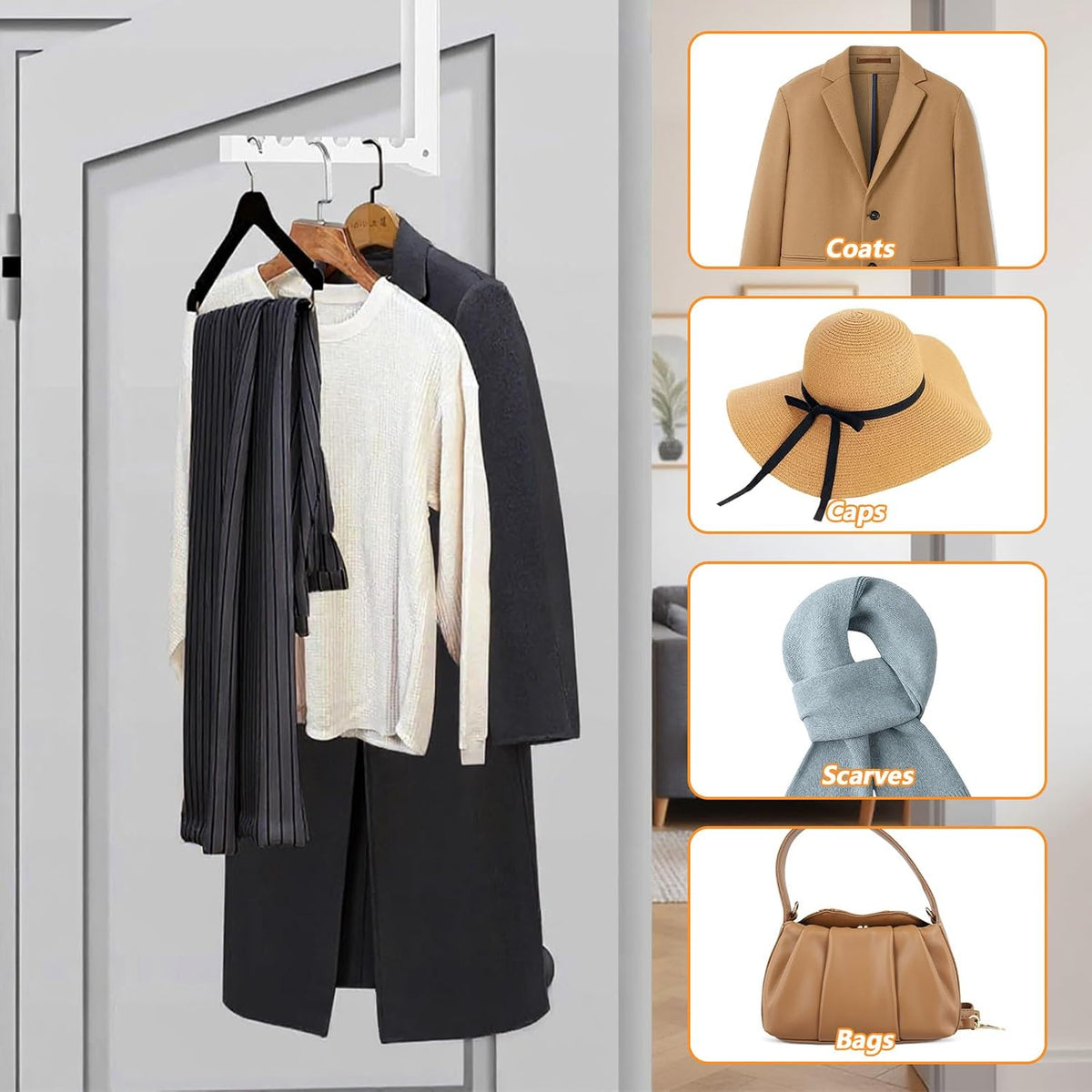 4 Pack Over The Door Hanger Hooks, Foldable 6 Grooves Drying Rack, Portable Storage Organizer Heavy Duty Hook for Clothes, Coats, Towels, White