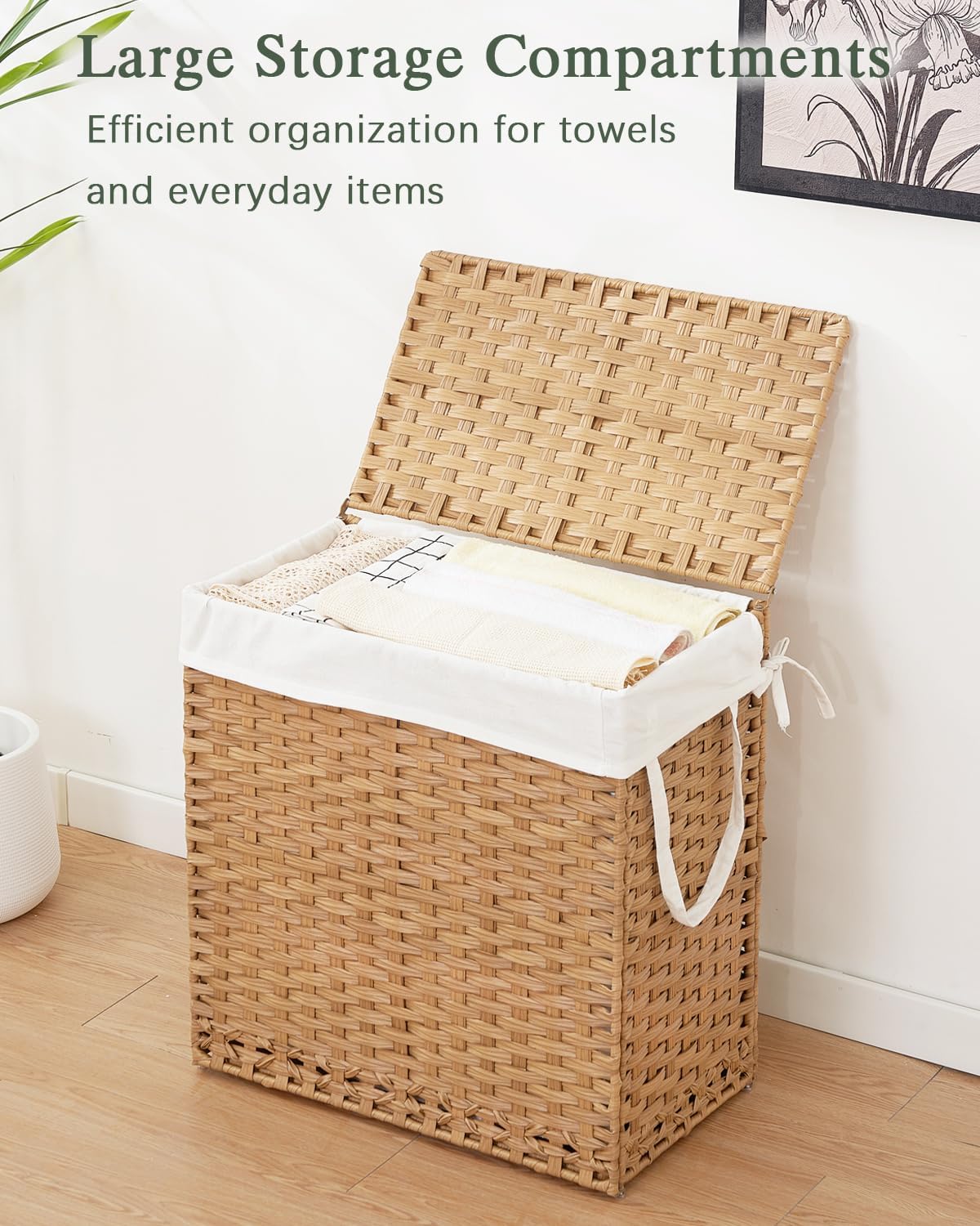SETVSON Laundry Hamper with Lid Wicker Laundry Basket 112L, Natural