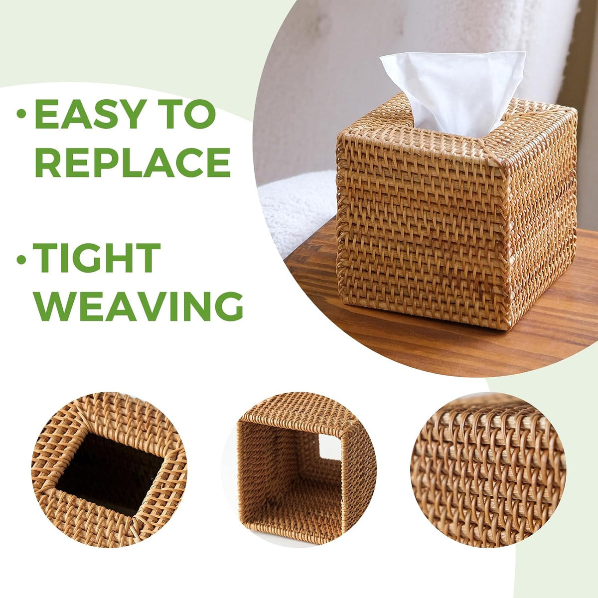 Rattan Tissue Box Cover Square, Handwoven Wicker Facial Tissue Box Holder