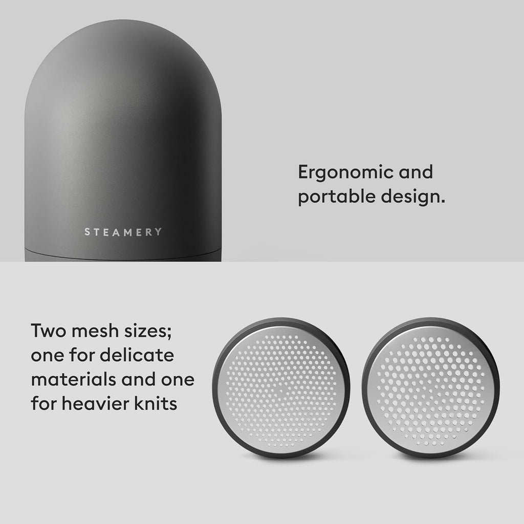 Steamery Pilo Icon Fabric Shaver for Clothes, Rechargeable Lint Remover & Sweater Shaver with USB-C, Replaceable Battery, Dual Mesh Covers, Large Shaving Surface, Scandinavian Design (Black)