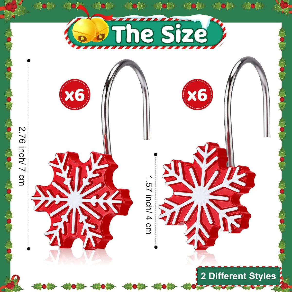 CroBlissful 12 Pcs Christmas Winter Snowflake Shower Curtain Hooks 2 Styles Snowflakes Curtain Hangers Hooks Red White Winter Decorative Rings for Bathroom Restroom Rods Wall Decor