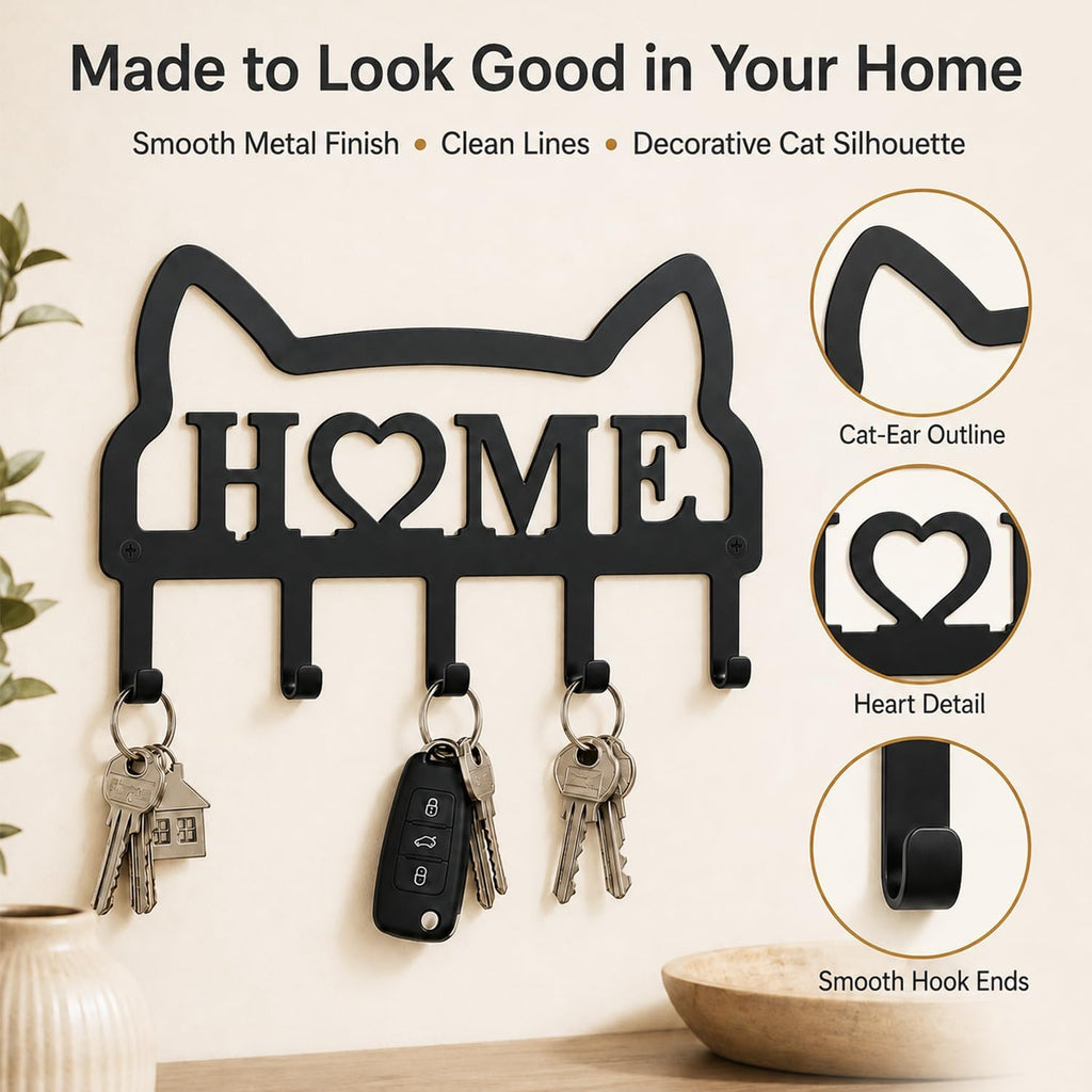 Cat Key Holder for Wall, Metal Key Rack with 5 Hooks, Cute Cat-Shaped Wall Mounted Key Organizer, Decorative Key Hanger for Entryway, Hallway, Kitchen, Home Decor, Gift for Cat Lovers