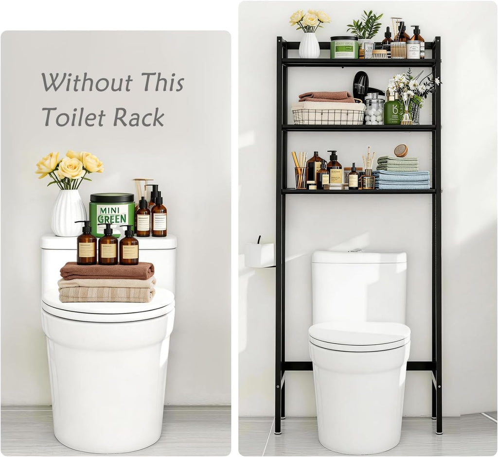 Over The Toilet Storage, Wooden 3-Tier Over-The-Toilet Rack Bathroom Space Saver Organizer, Freestanding Above Toilet with Toilet Paper Holder and Hooks（Black）