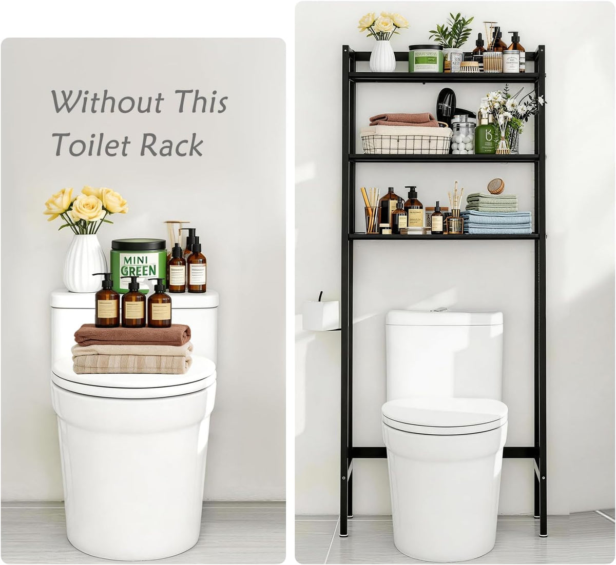 Over The Toilet Storage, Wooden 3-Tier Over-The-Toilet Rack Bathroom Space Saver Organizer, Freestanding Above Toilet with Toilet Paper Holder and Hooks（Black）