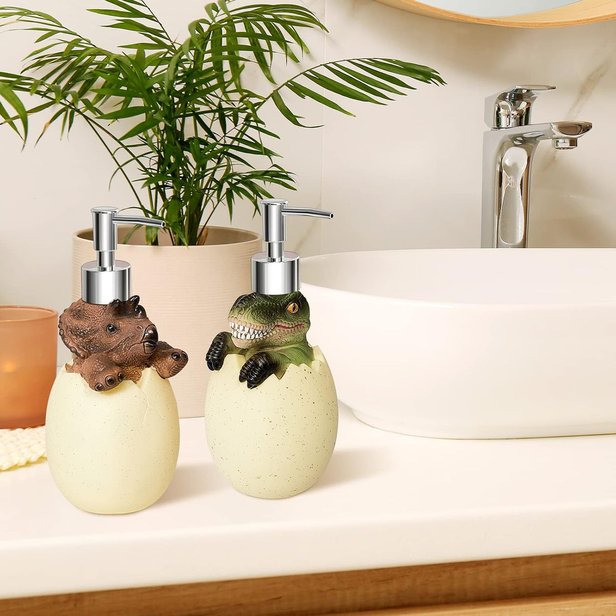 Dinosaur Soap Dispenser 2 Pieces Egg Kids Soap Dispenser Cute Dinosaur Bathroom Accessories Animal Shower Lotion Liquid Refillable Shampoo Bottle with Pump for Kitchen Bath Countertop Decor
