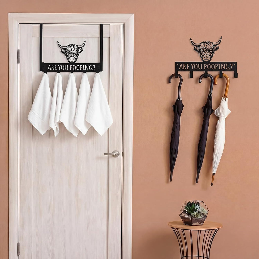 Kathfly Classic Highland Cow Over Door Towel Rack 5 Hooks Black