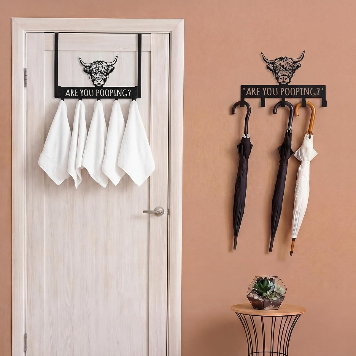 Kathfly Classic Highland Cow Over Door Towel Rack 5 Hooks Black