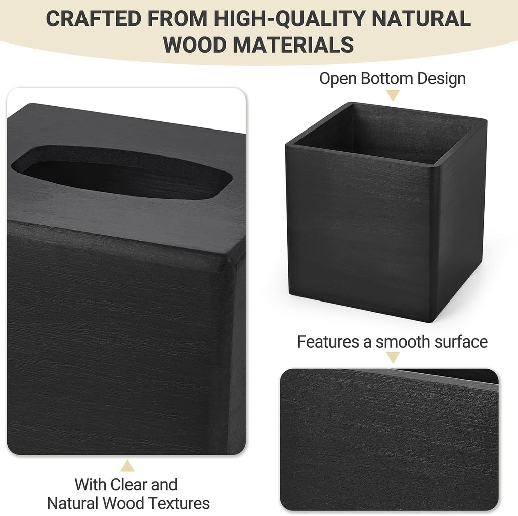 Mkono Tissue Box Cover Square, Rustic Wood Open-Bottom Holder, Black