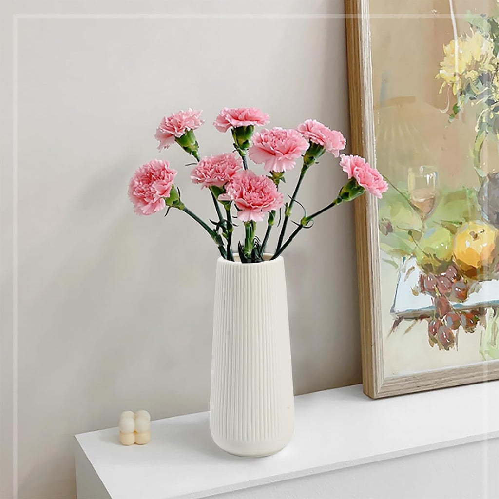 Ceramic Vase for Flower, Pampas Grass Vase, 7.8''H Ribbed, White, 2pcs