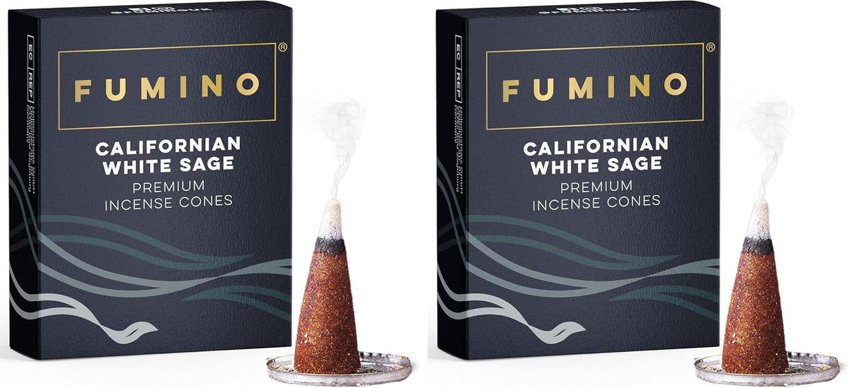 Fumino Californian White Sage Incense Cones 30 Pack - Handmade Natural Masala Incense Cones for Meditation & Home Fragrance, Low-Smoke Herbal & Cleansing Scent, Bureau Veritas Certified