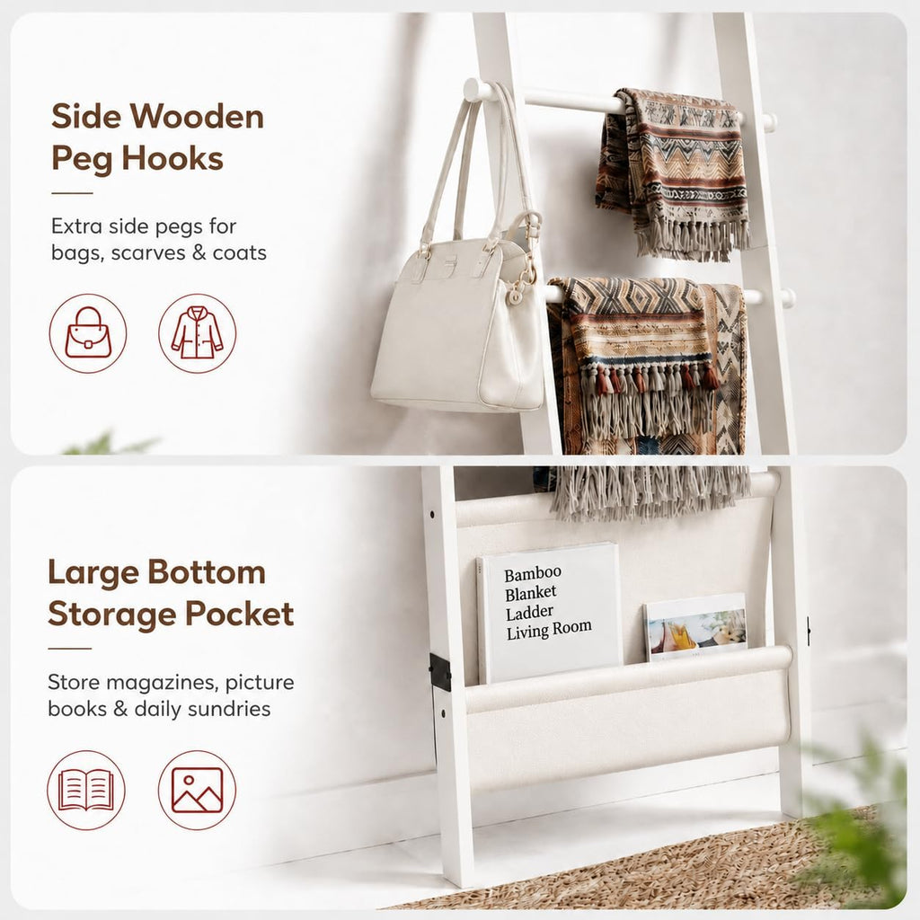BAMBANG 71" 4-in-1 Blanket Ladder for Living Room, 5-Tier Leaning Bamboo Decorative Towel & Quilt Rack with Magazine Leather Pocket, 4 Detachable Hanging Bars, Space-Saving Shelf for Bedroom (White)