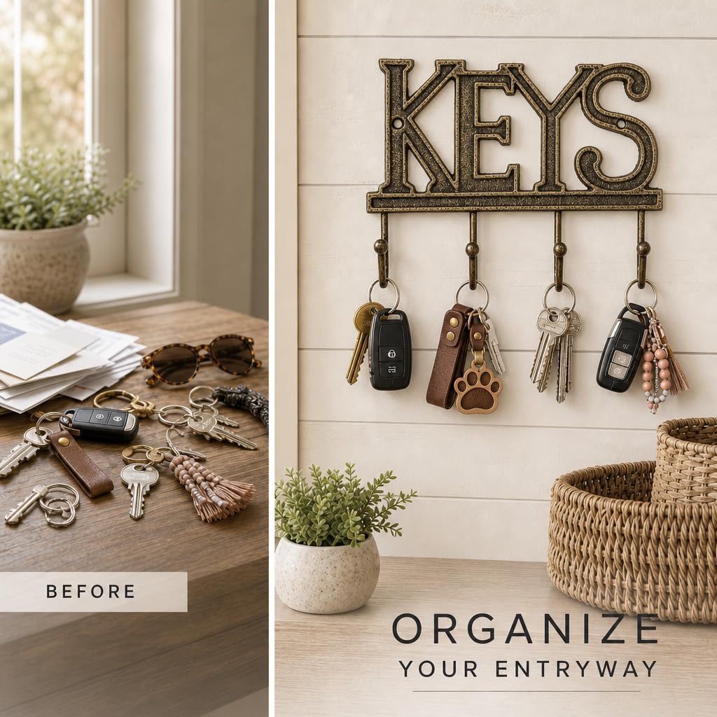Comfify Gold-Black Cast Iron Key Holder for Wall – Keys Sign with 4 Hooks