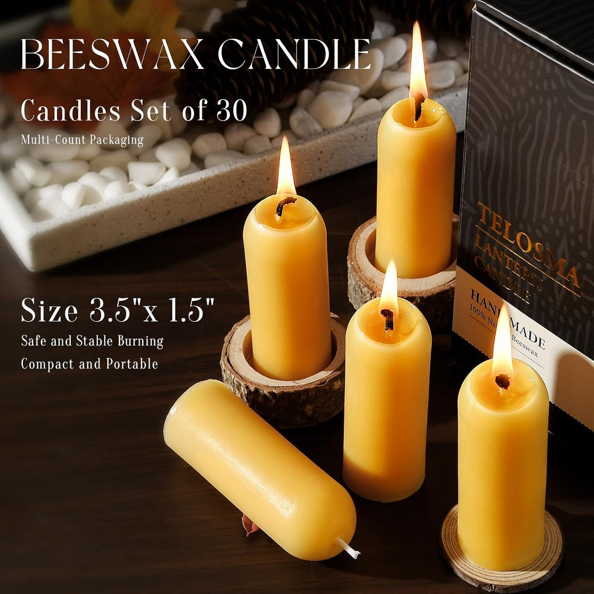 30 Pack Natural Thin Beeswax Pillar Candles, 1.3 inch Wide Dripless Candle