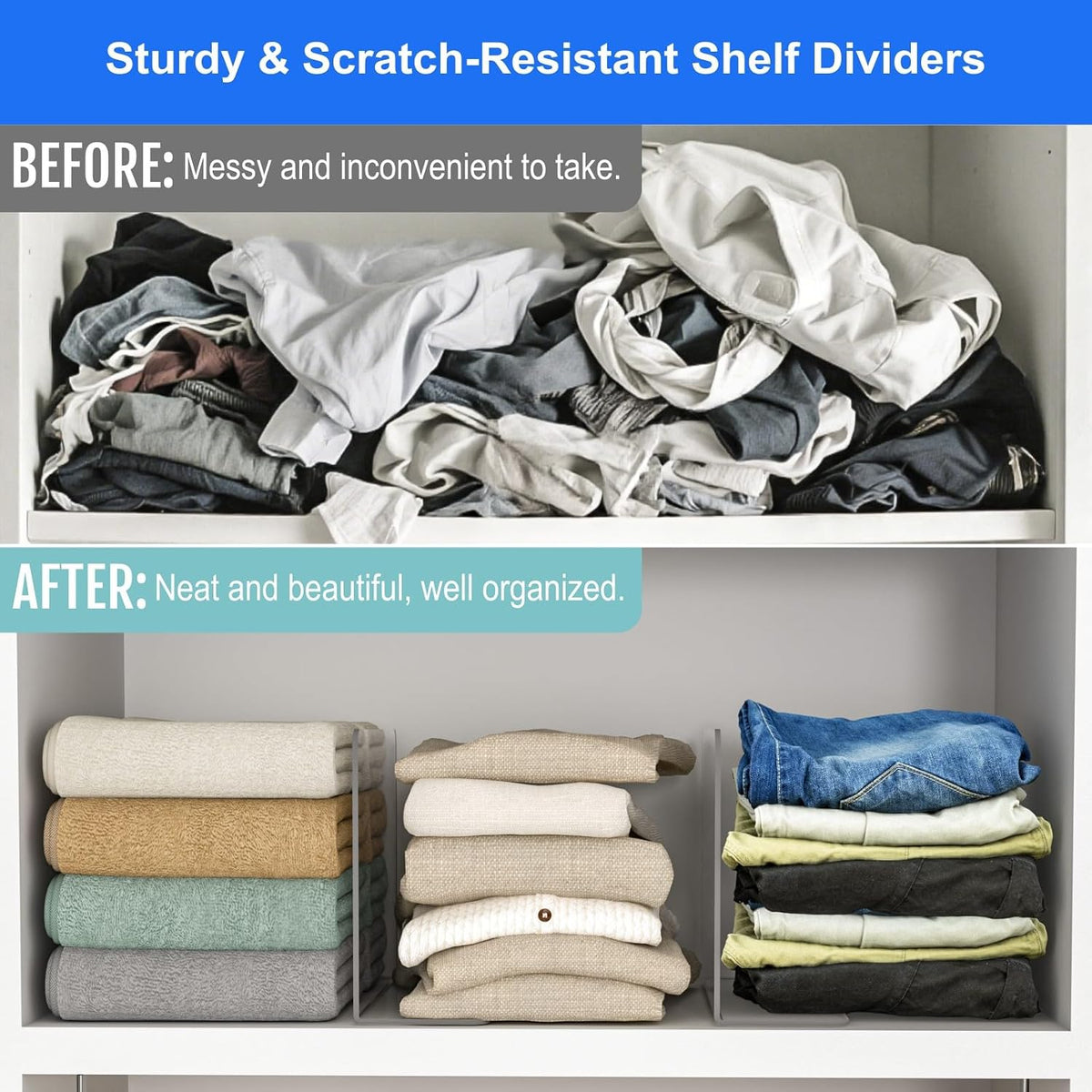 OKPOW Shelf Dividers Closet Organizer - 7.5" Tall X 11.8" Deep Acrylic Clear Sturdy Separate for Clothes Purse - Adjustable Space Saver Easy Install for Home Organization Enthusiasts 4 Pack