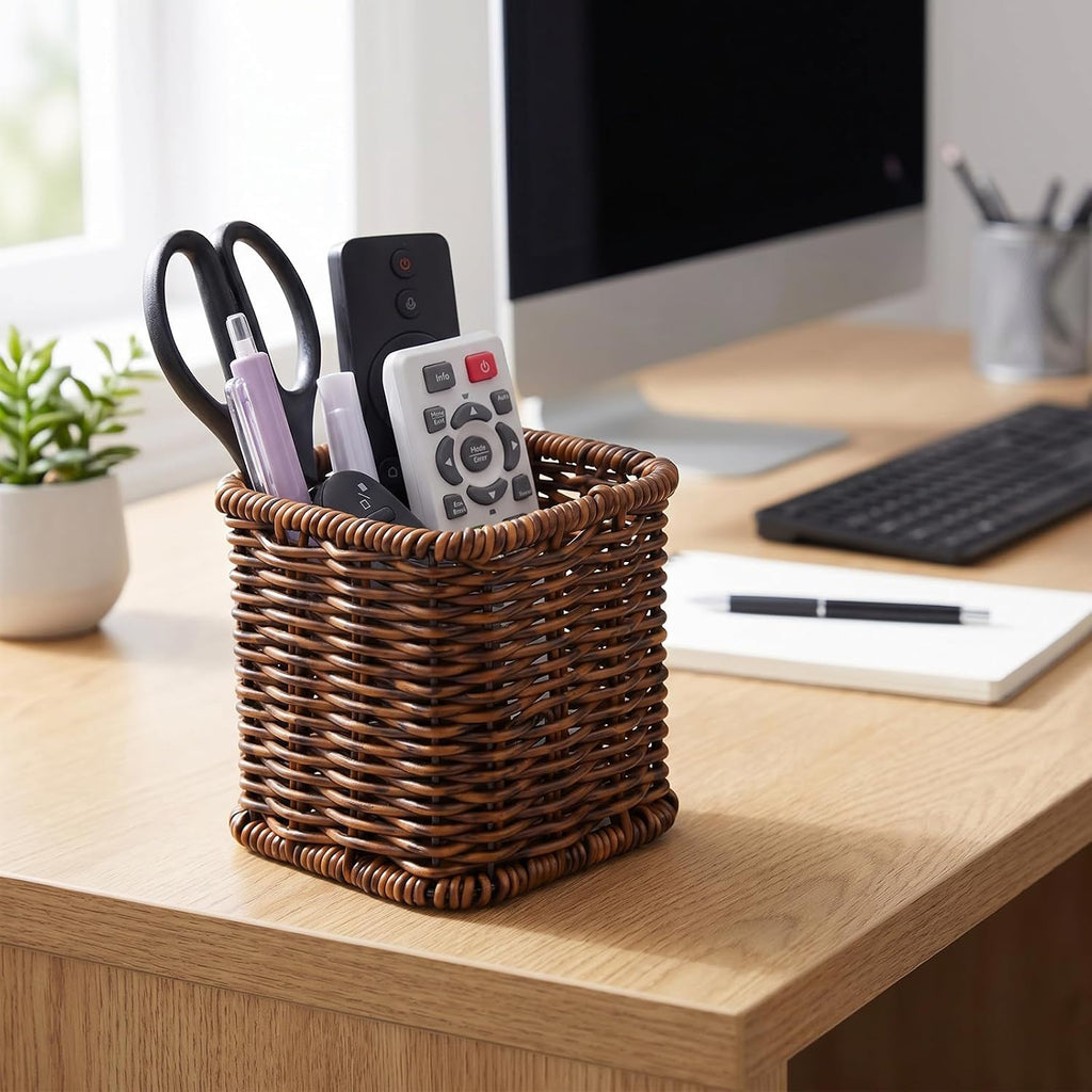 NiHome Dark Brown Remote Caddy, Bedside Remote Control Holder, Synthetic Rattan Organizer for TV Remotes, Makeup Brushes & Office Supplies, Stylish Remote Holder for Table, Living Room