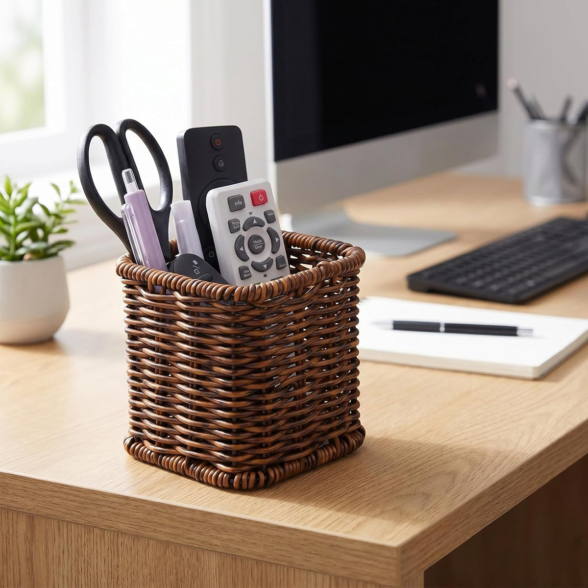 NiHome Dark Brown Remote Caddy, Bedside Remote Control Holder, Synthetic Rattan Organizer for TV Remotes, Makeup Brushes & Office Supplies, Stylish Remote Holder for Table, Living Room