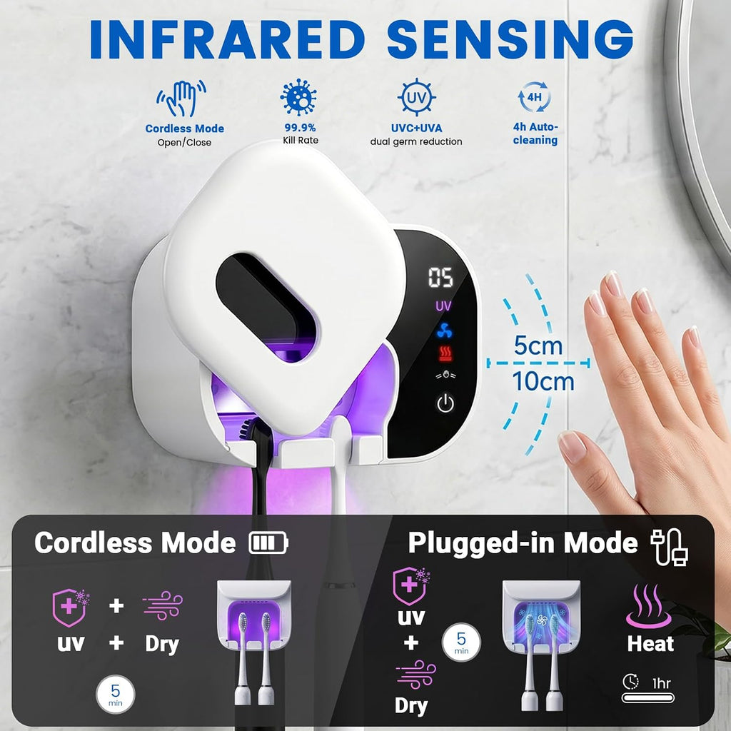 Toothbrush Holder for Bathroom, Infrared Sensing Toothbrush Cleaner with 2 Slots for Most Toothbrush Sizes, Wall Mounted Tooth Brush Holder with LED Smart Display & Hot Air Drying for Travel (White)