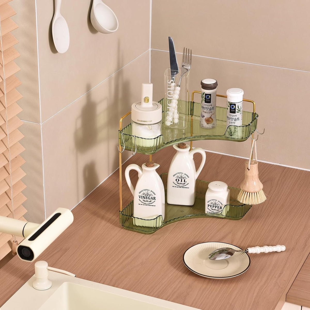 2-Tier Corner Bathroom Organizer Countertop with Hooks, for Makeup, Perfume