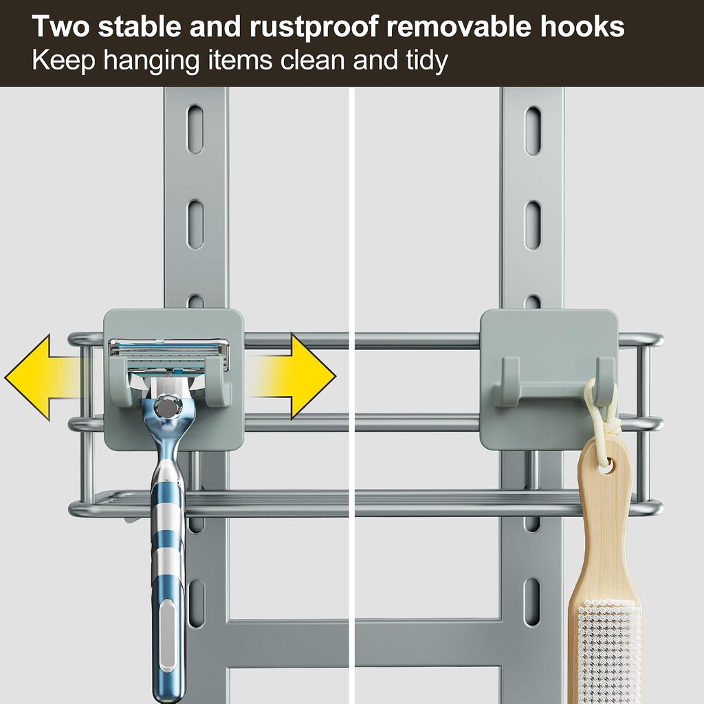 Orimade Adjustable Anti-slip Shower Caddy Overhead, Rustproof Hanging Shower Organizer With 2 Razor Hooks - No Drilling, 3-Tier Shelves, Silver Grey