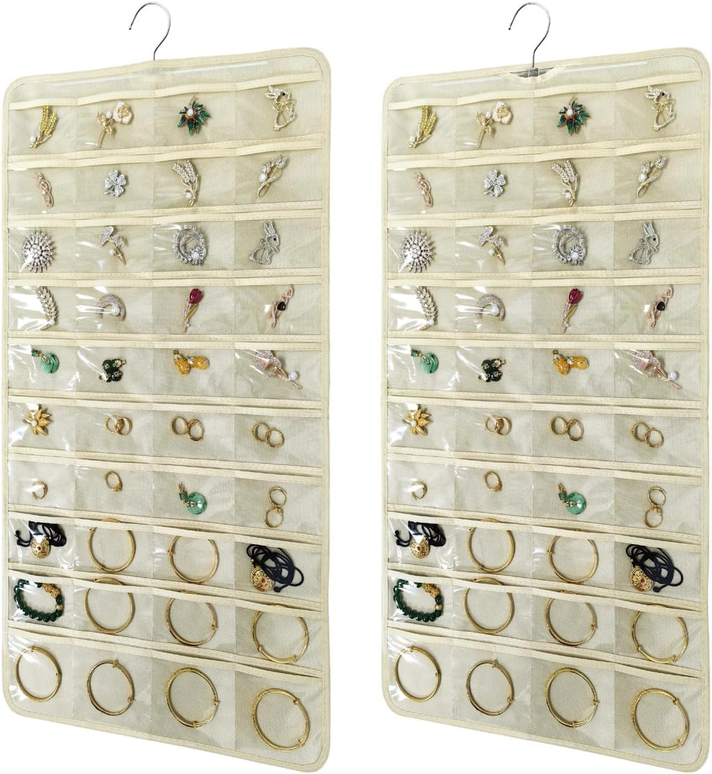 2 PACK(Total 160 Pockets) Hanging Jewelry Organizer with Hanger Metal Hooks Storage On Wall Door Closet Double-Sided(Each Side 40 Pockets) Jewelry Holder for Earrings, Necklaces, Rings (2 Pcs Beige)