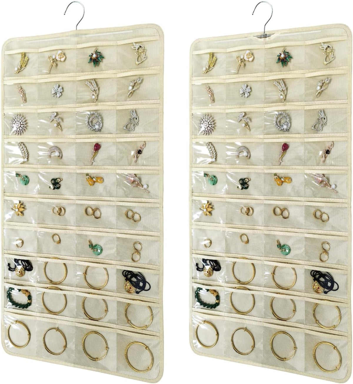 2 PACK(Total 160 Pockets) Hanging Jewelry Organizer with Hanger Metal Hooks Storage On Wall Door Closet Double-Sided(Each Side 40 Pockets) Jewelry Holder for Earrings, Necklaces, Rings (2 Pcs Beige)